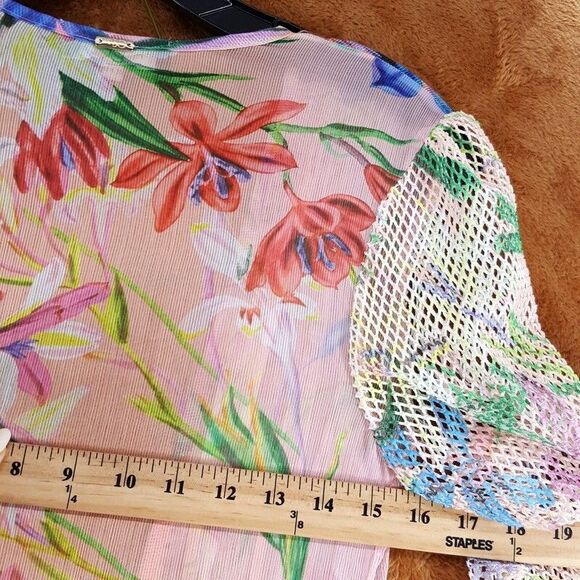 PATBO Womens Dress XS Pink Iris Floral Crochet Robe Tie Front Cascading Sheer - Picture 12 of 14